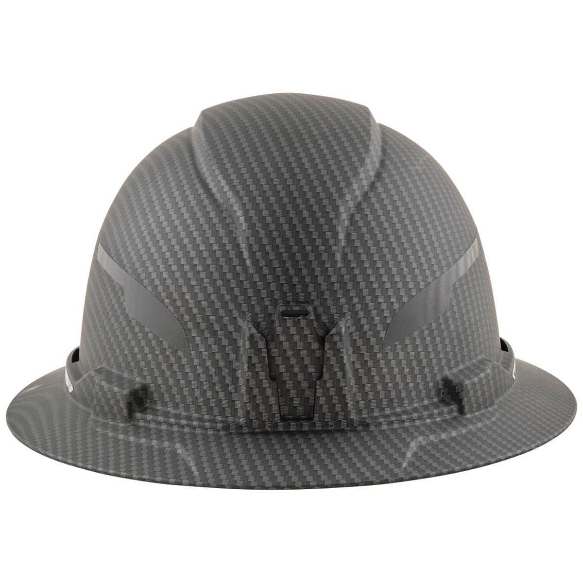 A front-facing view of the Klein Tools 60345 hard hat emphasizing the wide full brim for 360-degree protection and the centered, patented accessory mount for secure, easy headlamp attachment without zip ties.