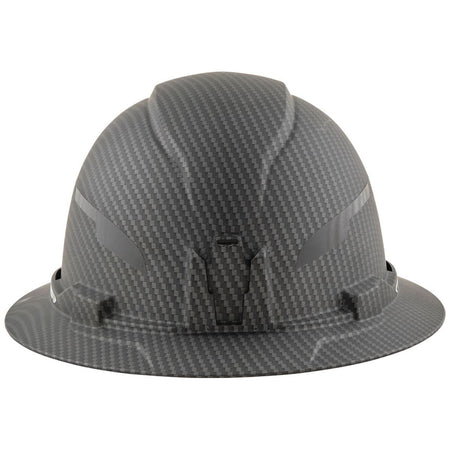 A front-facing view of the Klein Tools 60345 hard hat emphasizing the wide full brim for 360-degree protection and the centered, patented accessory mount for secure, easy headlamp attachment without zip ties.