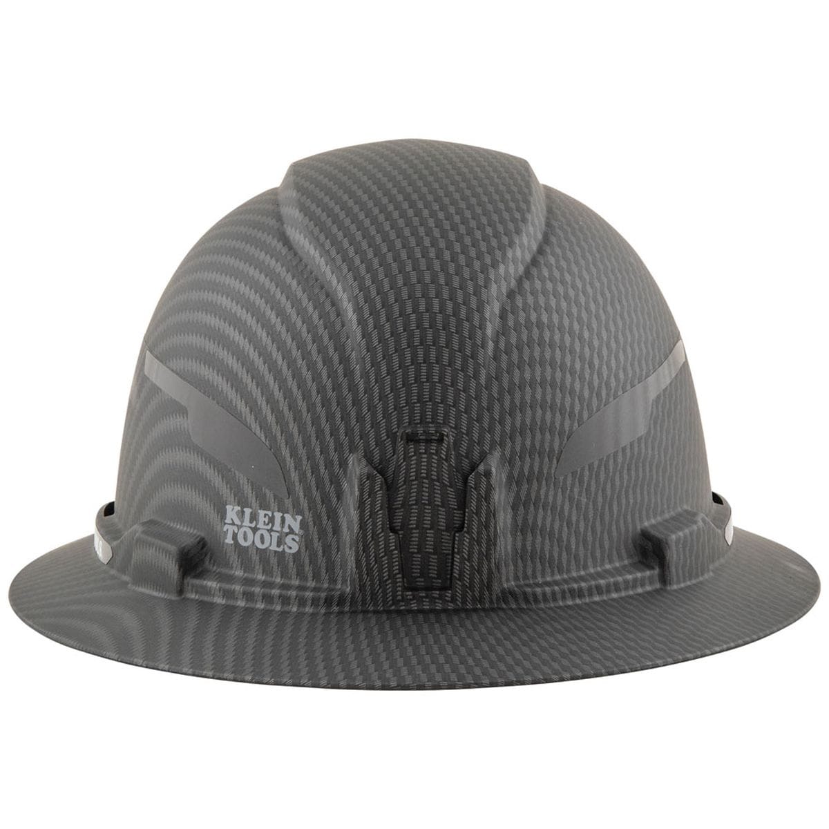 A front profile of the safety helmet highlighting the high-quality KARBN™ hydro-dipped finish and the grey Klein Tools logo, designed for professionals requiring Type 1 Class E electrical protection tested up to 20kV.
