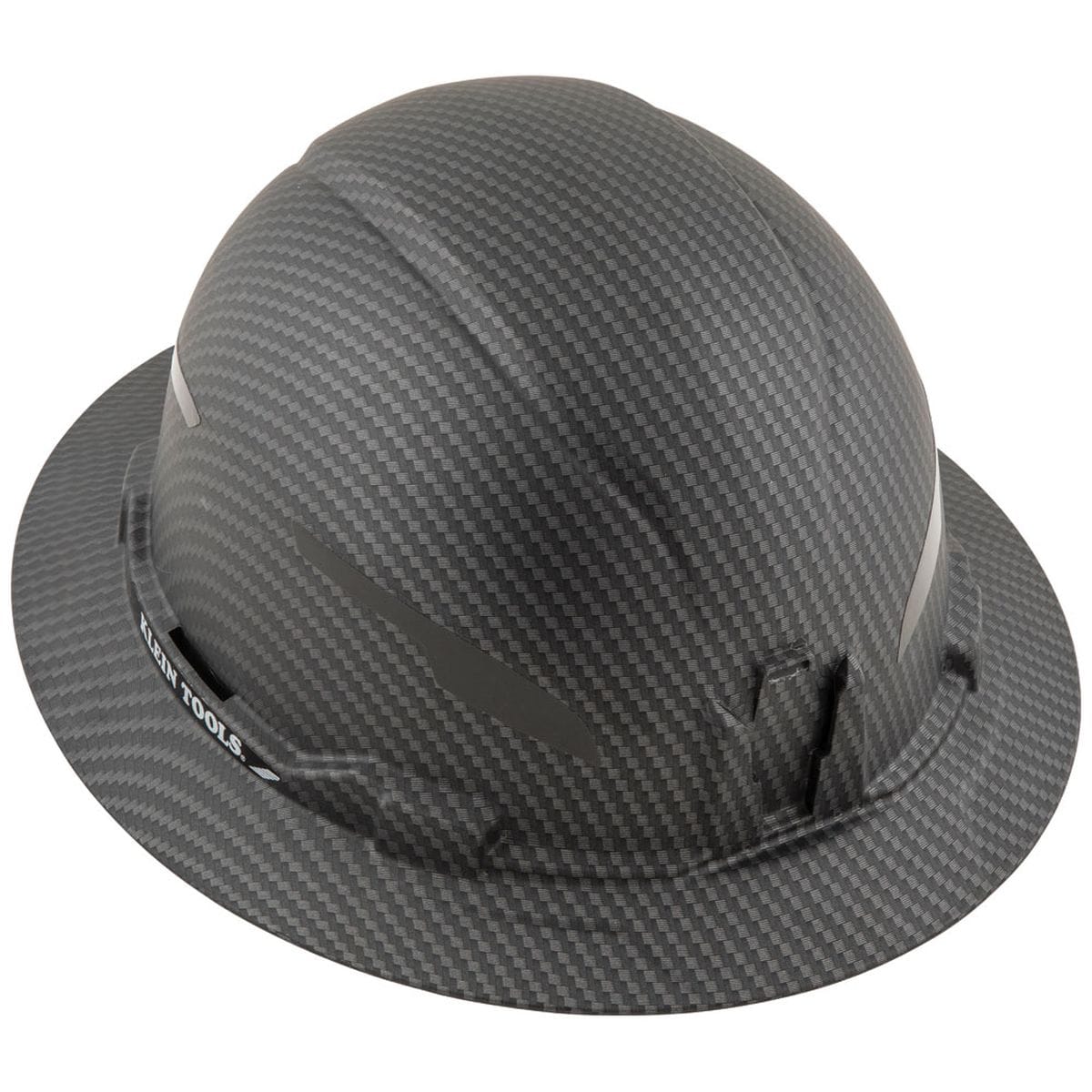 A side-angle view of the full brim construction helmet showcasing the sleek, non-vented shell design and the universal accessory slots on the sides for attaching jobsite hearing protection or face shields.
