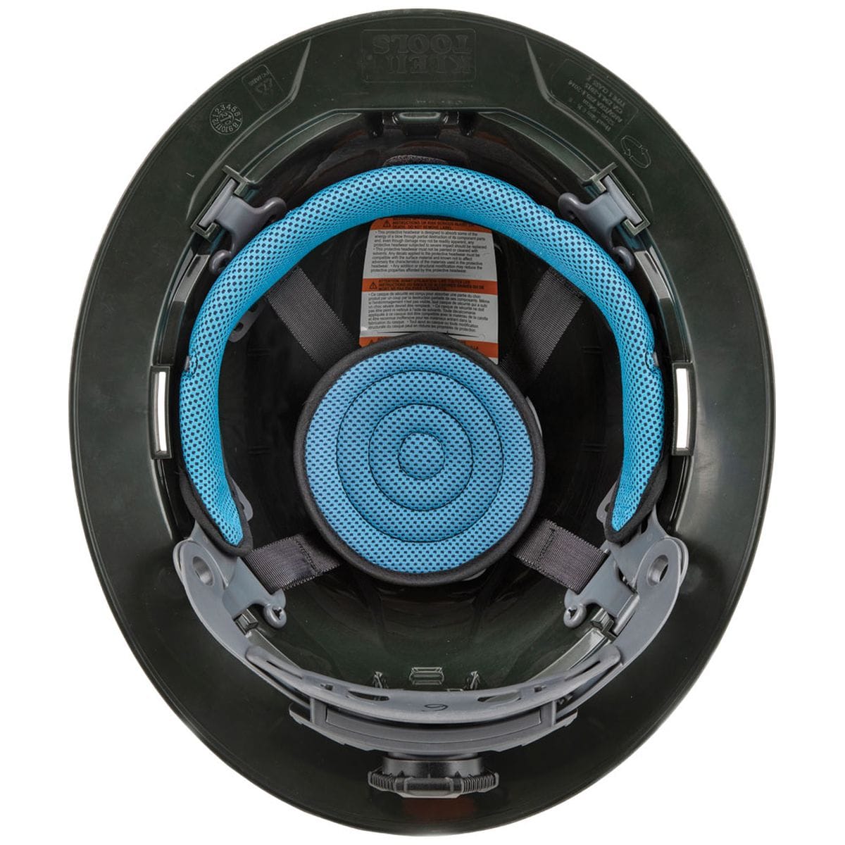 An underside view of the Klein 60345 hard hat showing the 4-point ratchet suspension system and the breathable, blue-padded lining designed to improve air circulation and long-shift comfort.