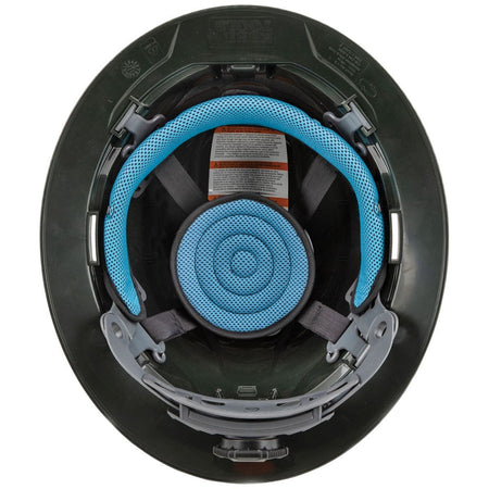 An underside view of the Klein 60345 hard hat showing the 4-point ratchet suspension system and the breathable, blue-padded lining designed to improve air circulation and long-shift comfort.