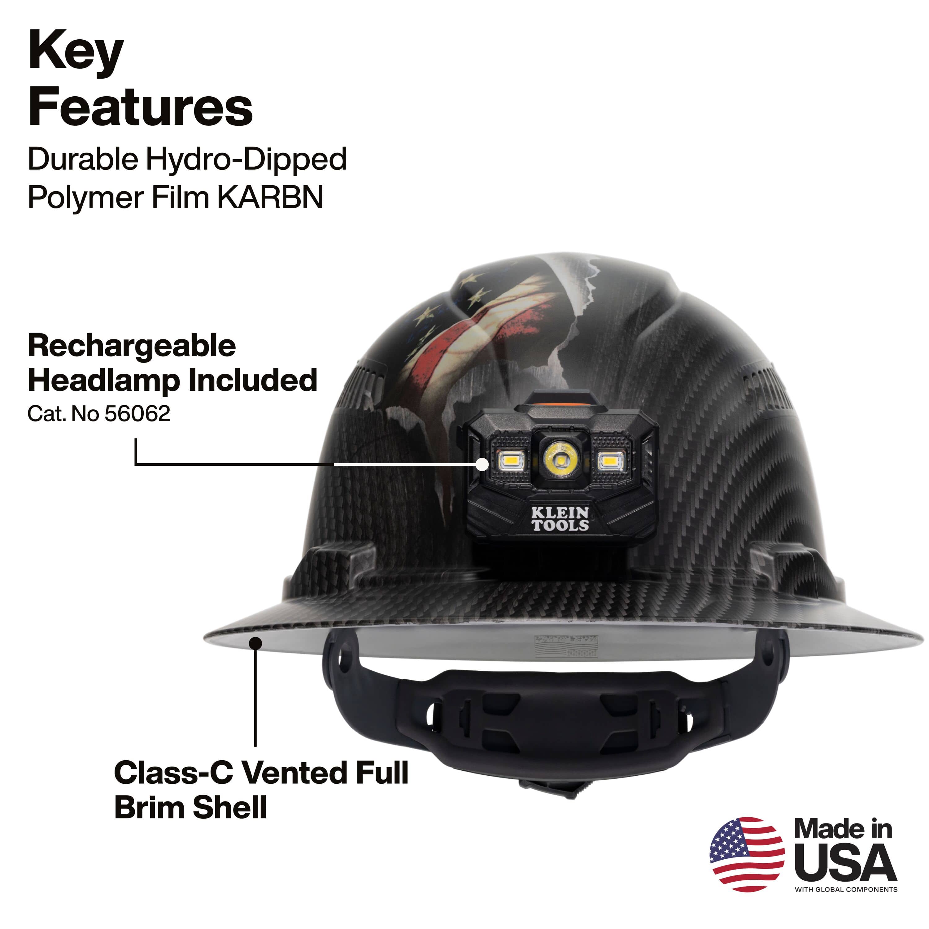 Front profile infographic of the Klein Tools KARBN hard hat highlighting key features including the 56062 rechargeable headlamp and the Class C vented full brim shell.