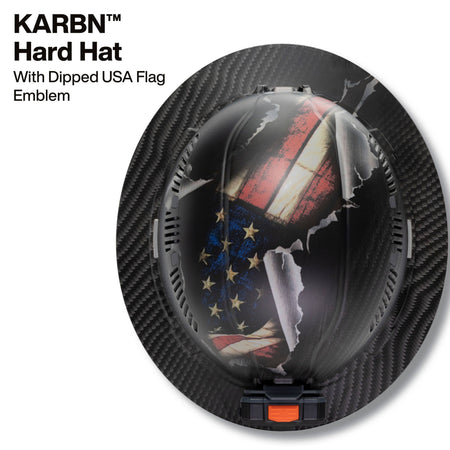 Top-down view of the Klein Tools Freedom Series hard hat showcasing the durable PC ABS shell with a torn American flag emblem over a carbon fiber pattern.