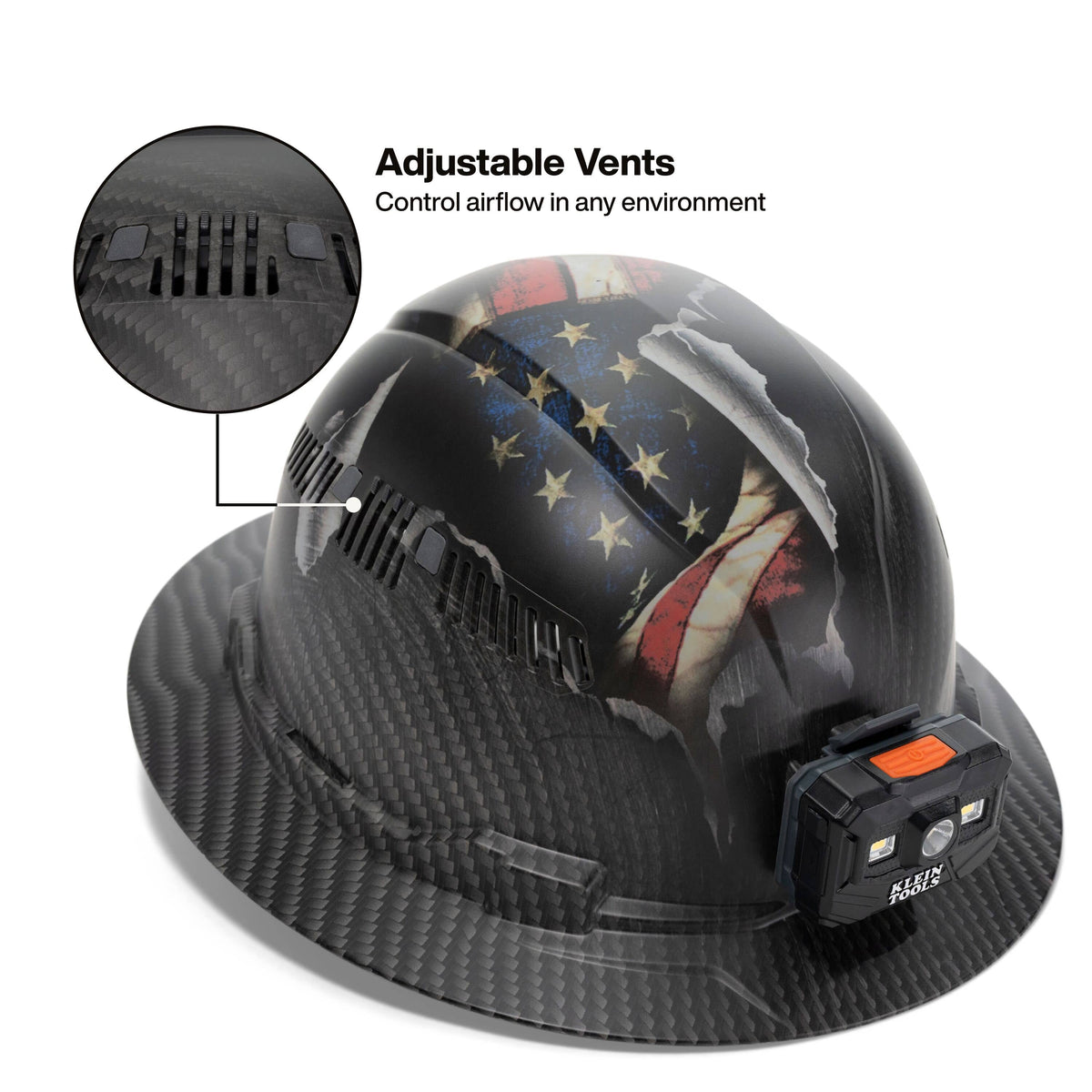 Detailed view of the Klein Tools hard hat shell focusing on the integrated adjustable vents designed to control airflow and cooling in high-heat jobsite environments.