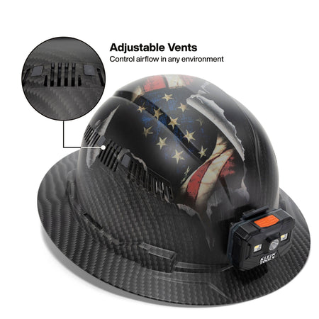 Detailed view of the Klein Tools hard hat shell focusing on the integrated adjustable vents designed to control airflow and cooling in high-heat jobsite environments.