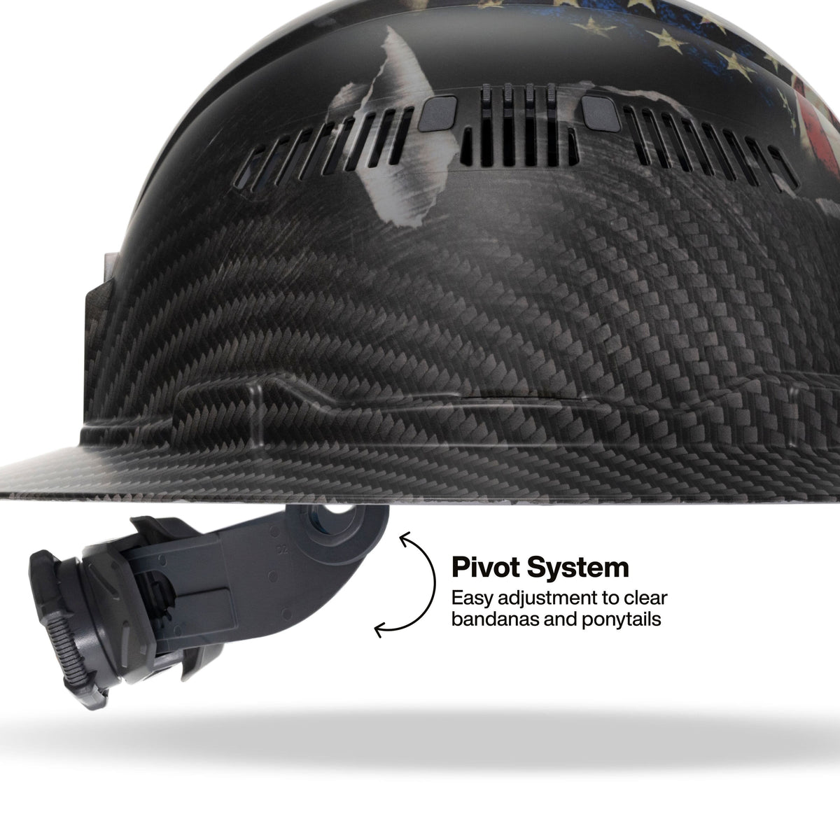 Side profile view of the Klein Tools hard hat illustrating the pivot system on the ratchet suspension for easy adjustment to clear bandanas and ponytails.
