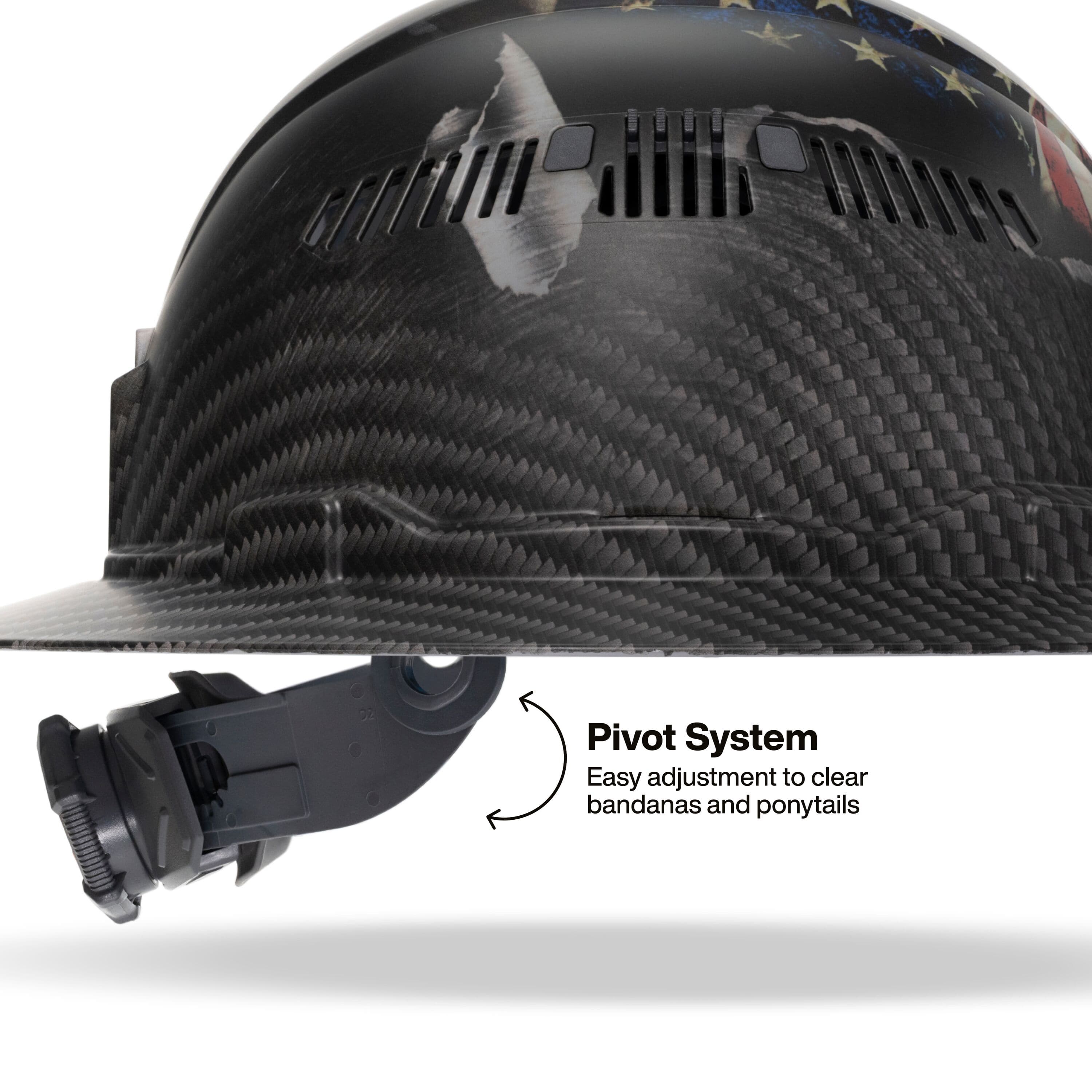 Side profile view of the Klein Tools hard hat illustrating the pivot system on the ratchet suspension for easy adjustment to clear bandanas and ponytails.