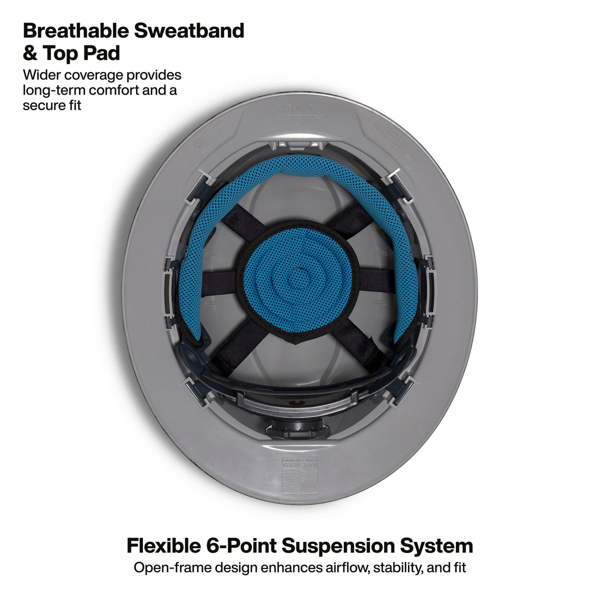Internal view of the hard hat showing the flexible 6-point suspension system with breathable blue padded sweatband and top pad for maximum stability and fit.
