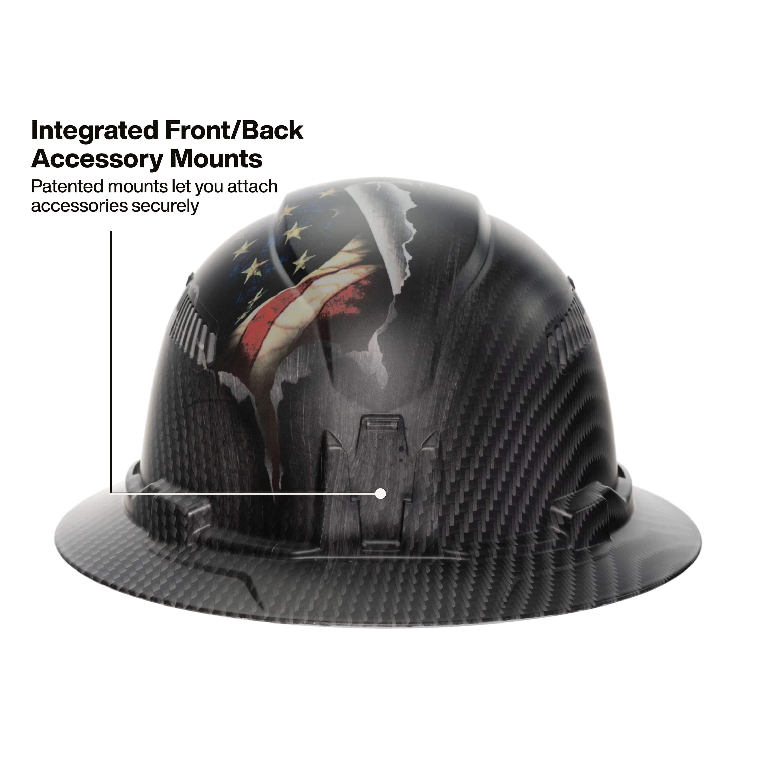 Rear view infographic of the Klein Tools 60347FS hard hat highlighting the integrated back accessory mount for secure, strap-free attachment of headlamps and gear.