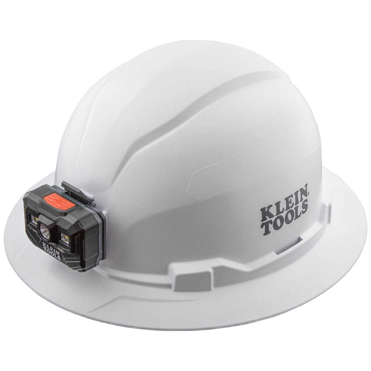 A perspective view of the Klein Tools 60406RL white full brim hard hat featuring an integrated, front-mounted rechargeable LED headlamp for hands-free professional safety and construction illumination.