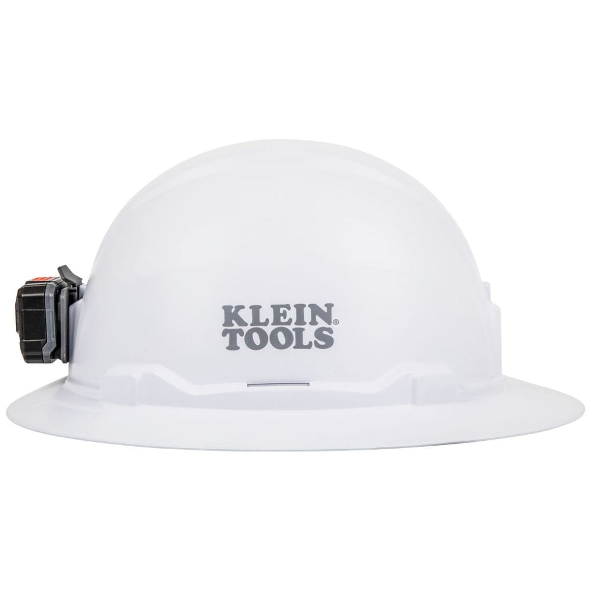 A side-profile view of the white full-brim hard hat showing the prominent grey Klein Tools logo on the shell.