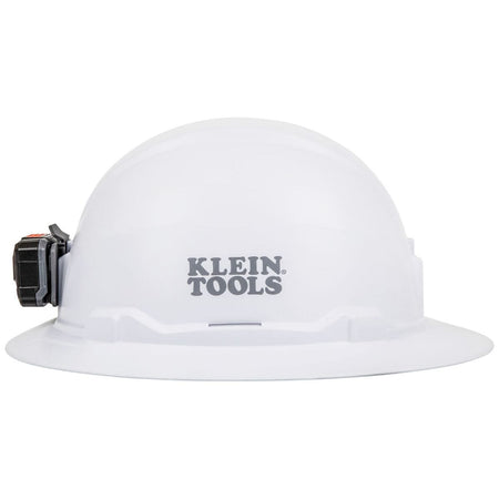 A side-profile view of the white full-brim hard hat showing the prominent grey Klein Tools logo on the shell.