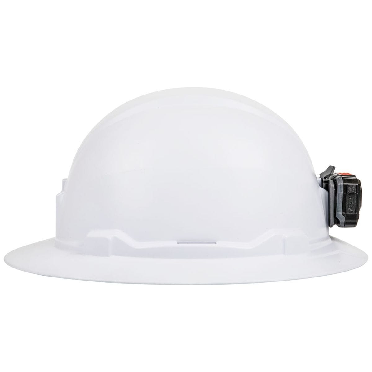 The opposite side view of the non-vented shell, emphasizing the clean, full-brim design and the secure attachment of the rechargeable LED headlamp.