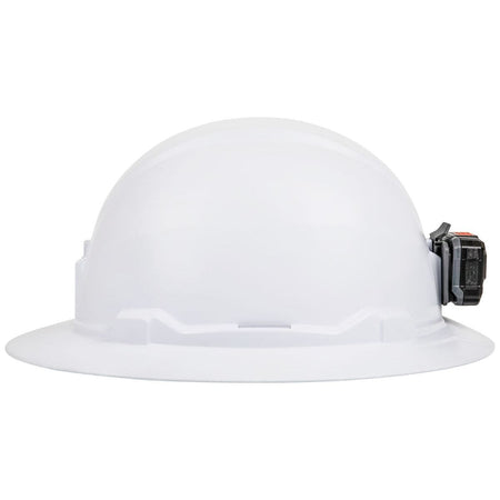 The opposite side view of the non-vented shell, emphasizing the clean, full-brim design and the secure attachment of the rechargeable LED headlamp.