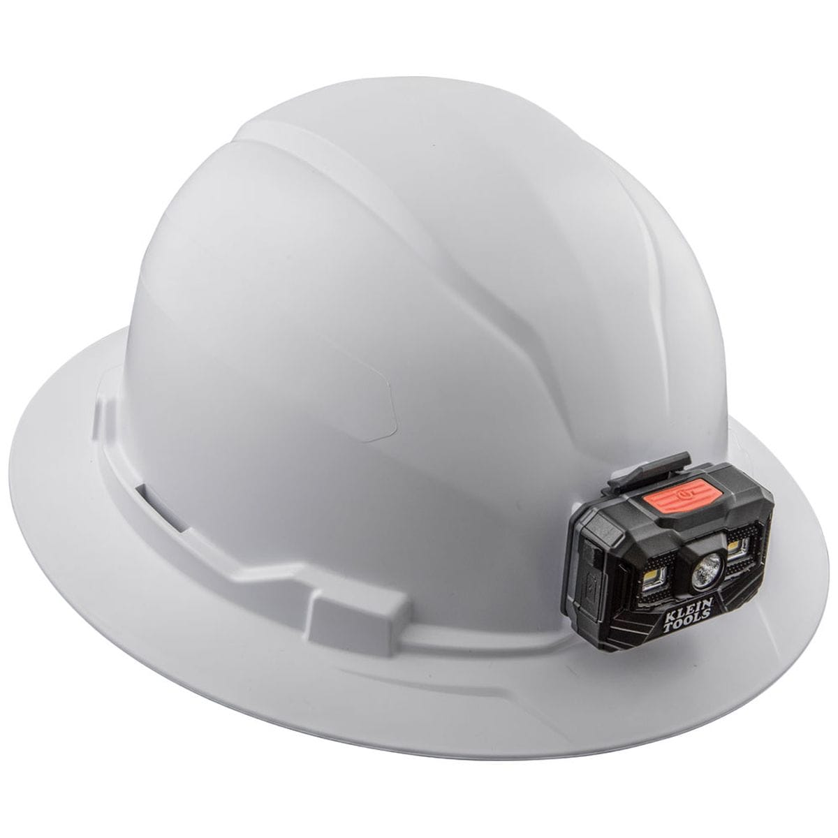 A perspective shot of the non-vented Klein Tools full brim safety helmet from the side, emphasizing the sleek white shell and the secure, strapless attachment of the rechargeable LED work light.