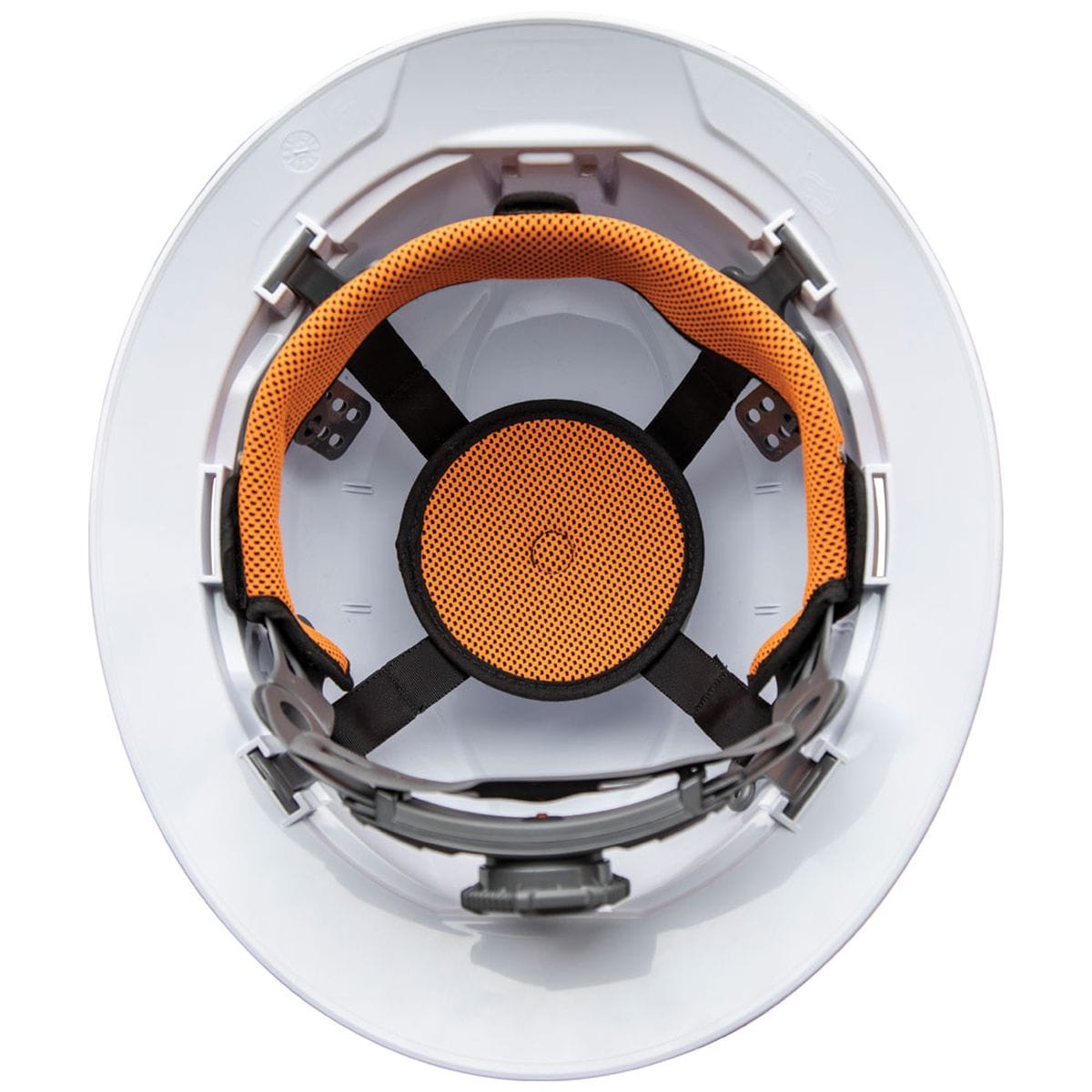 An overhead interior view of the Klein 60406RL hard hat showing the 4-point suspension system with the orange breathable, padded sweat-wicking sweatband and top comfort pad.