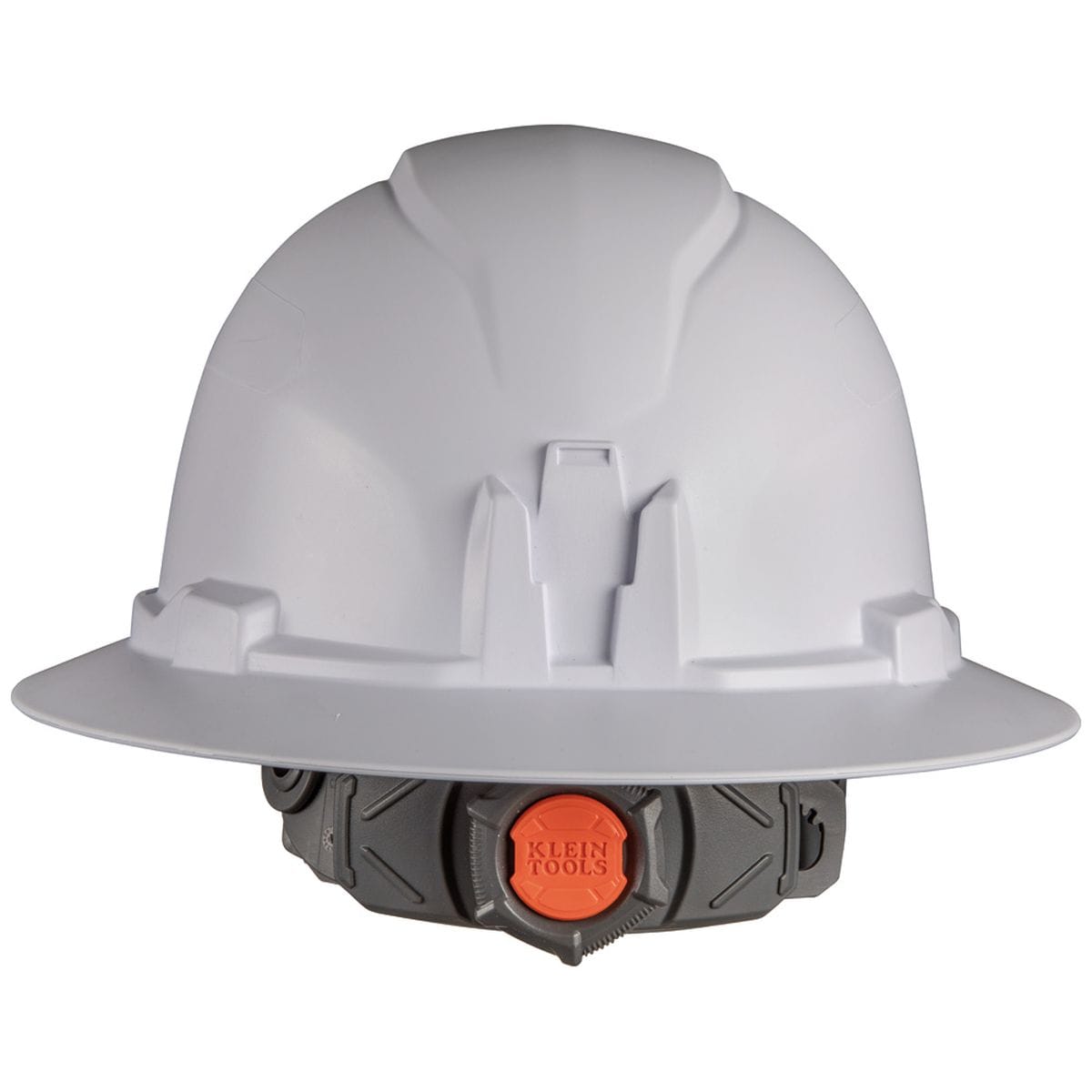 A rear view of the Klein white hard hat highlighting the large ratchet adjustment knob for easy, one-handed sizing even while wearing work gloves.