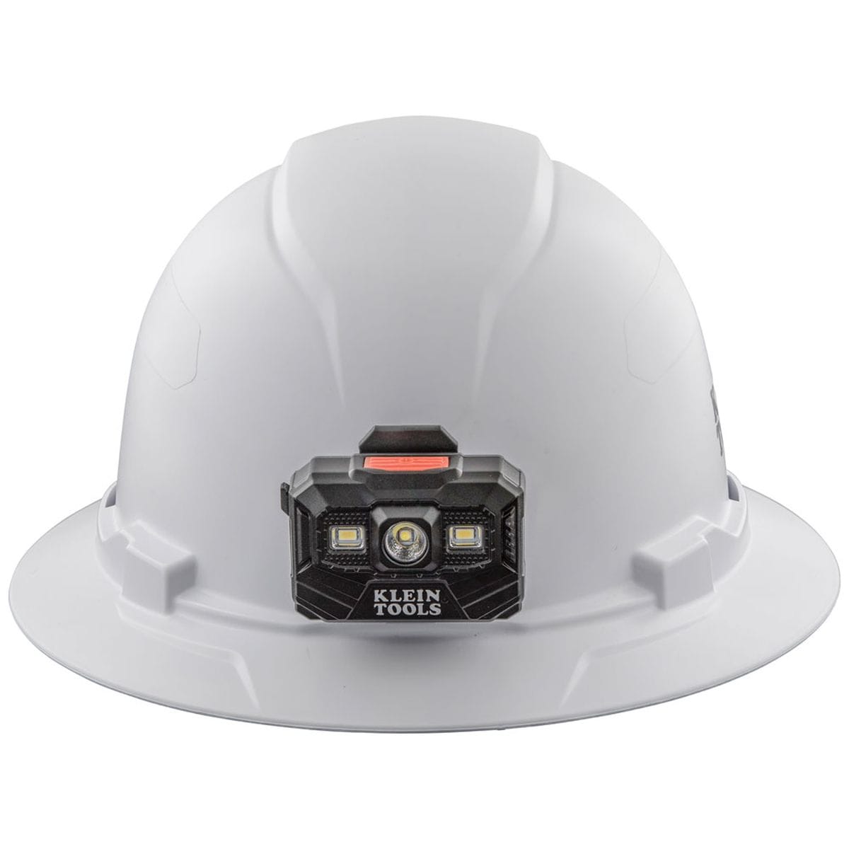 A front-facing view of the Klein Tools Class E hard hat with the included 300-lumen rechargeable LED headlamp centered on the brim for optimal work light distribution.