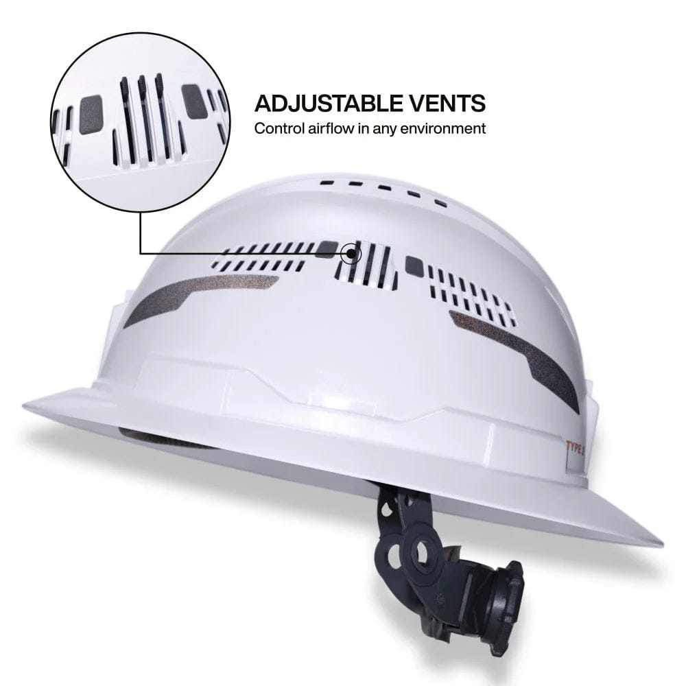 Close-up view of the adjustable side vents on the white hard hat shell, allowing users to control airflow.
