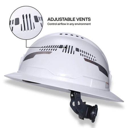 Close-up view of the adjustable side vents on the white hard hat shell, allowing users to control airflow.