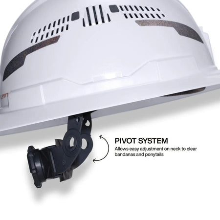 Close-up of the suspension pivot system designed to clear bandanas and ponytails while providing a secure fit.