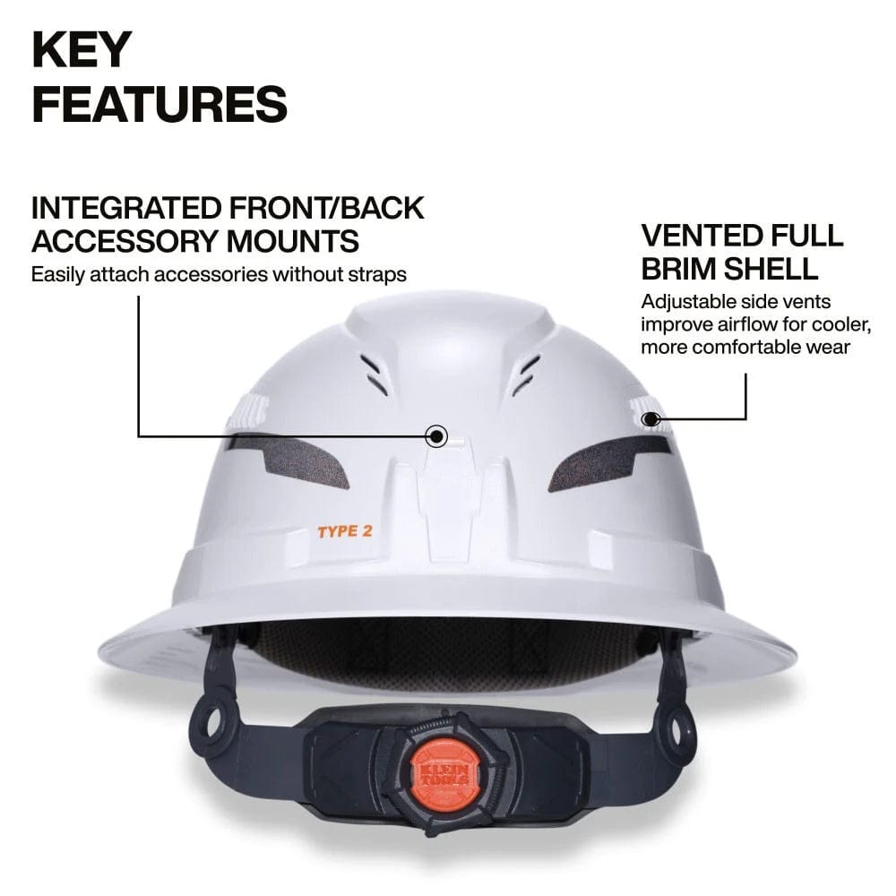 Key features infographic highlighting the integrated front and back accessory mounts and the vented full brim shell design.