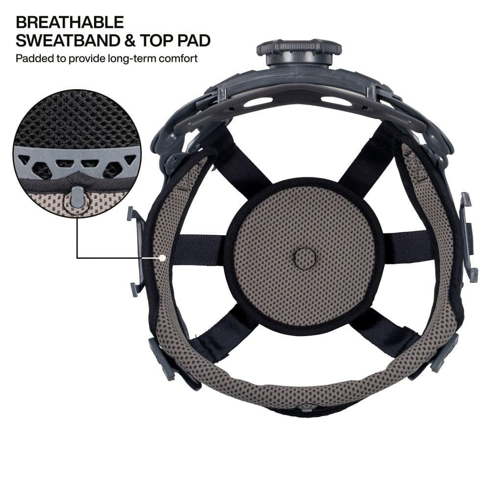 Interior view of the hard hat suspension showing the breathable, padded sweatband and top pad designed for long-term comfort.