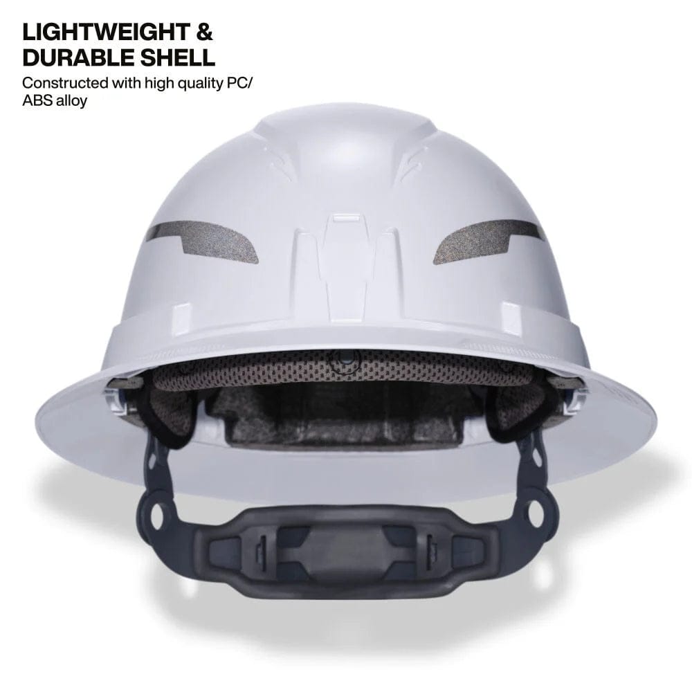 Low angle view emphasizing the lightweight and durable PC/ABS alloy shell construction of the full brim hard hat.