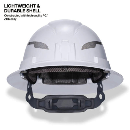 Low angle view emphasizing the lightweight and durable PC/ABS alloy shell construction of the full brim hard hat.