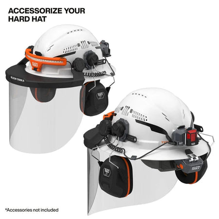 Graphic displaying two hard hats fully rigged with optional accessories like face shields, earmuffs, and safety lamps to demonstrate customization potential.