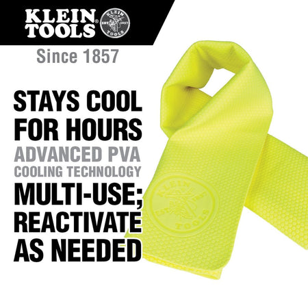A marketing graphic displaying a high-visibility yellow PVA cooling towel looped dynamically as if worn around a neck, accompanied by bold black text stating STAYS COOL FOR HOURS and MULTI-USE REACTIVATE AS NEEDED underneath an official black Klein Tools brand banner.