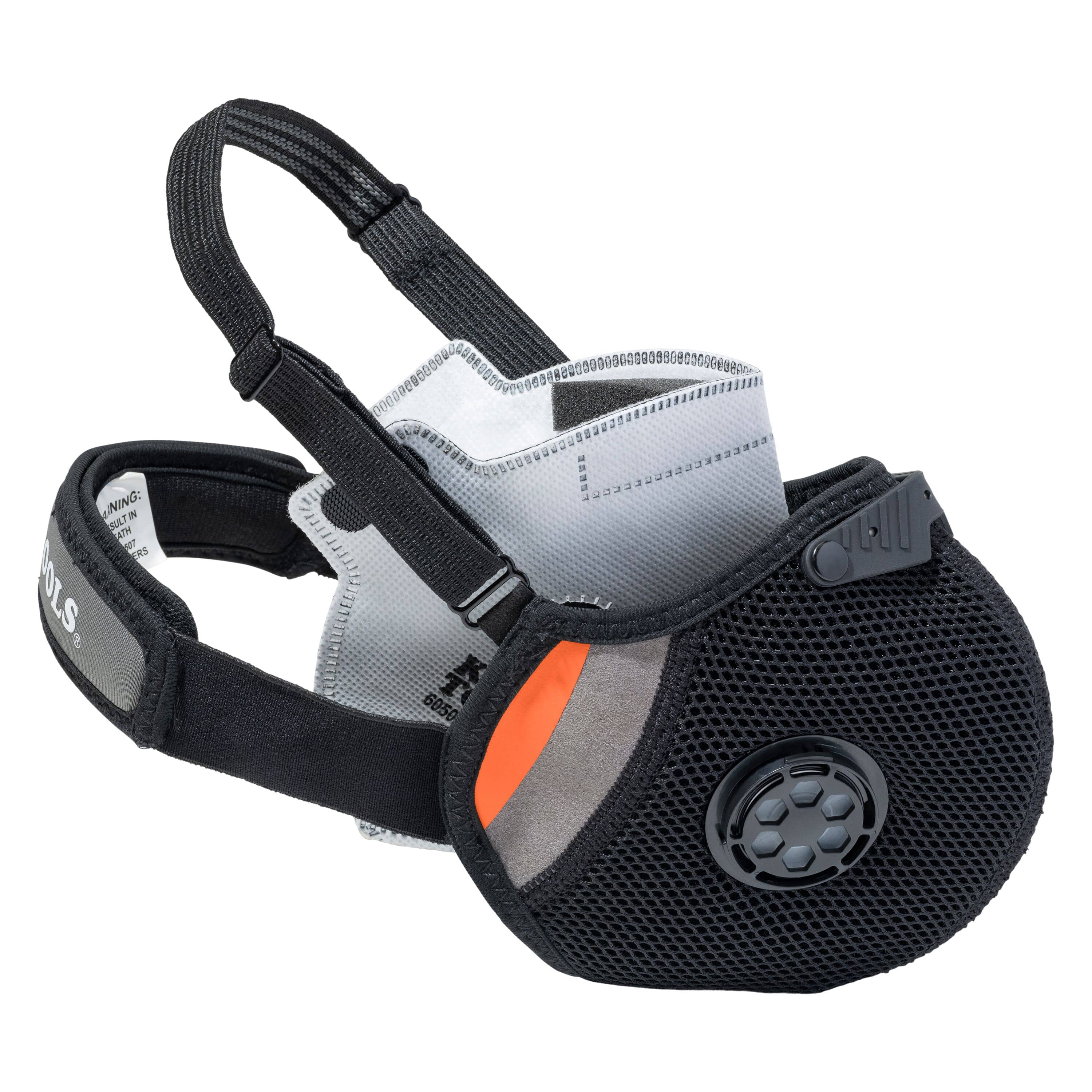 Perspective view of the Klein Tools 60506 reusable respirator featuring a black high-density polyester mesh facepiece, an integrated exhalation valve, and a white replaceable NIOSH N95-rated filter.