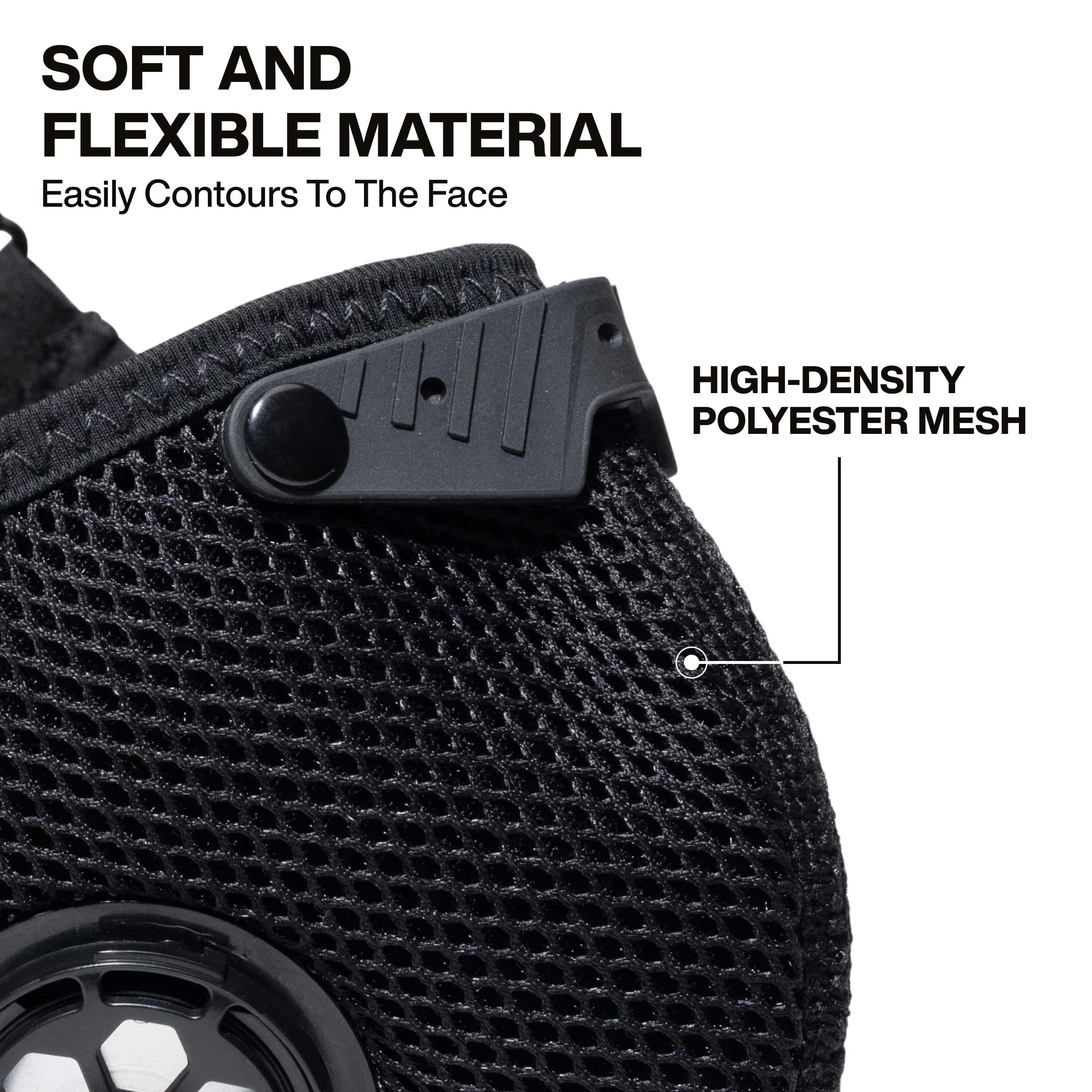 Close-up detail of the soft and flexible high-density polyester mesh material, engineered to contour comfortably to the user's face while maintaining high breathability and durability.