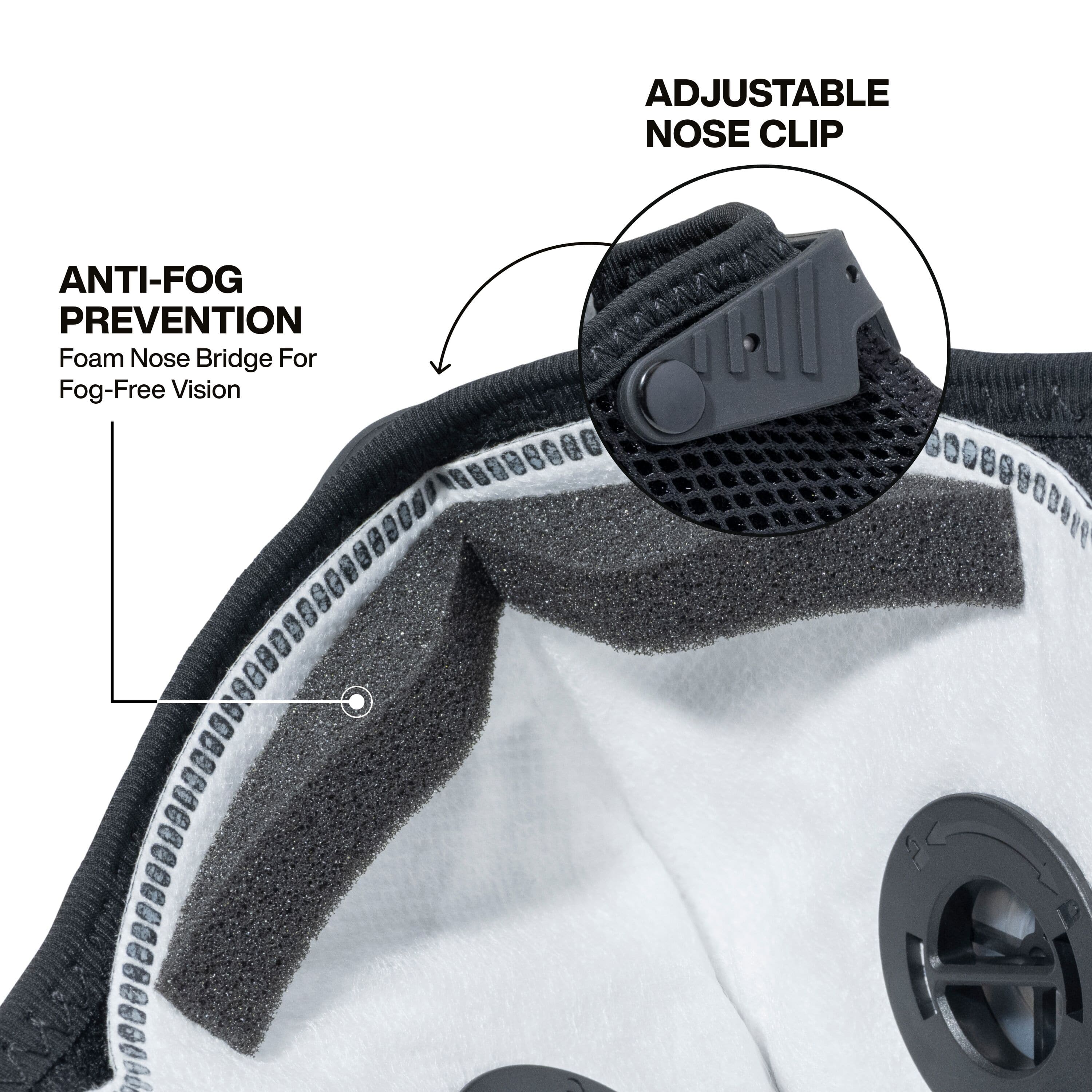Interior view of the respirator showing the anti-fog prevention features, including a soft foam nose bridge and an adjustable nose clip designed to provide a secure seal and fog-free vision.