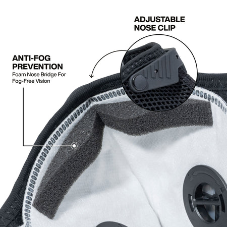 Interior view of the respirator showing the anti-fog prevention features, including a soft foam nose bridge and an adjustable nose clip designed to provide a secure seal and fog-free vision.