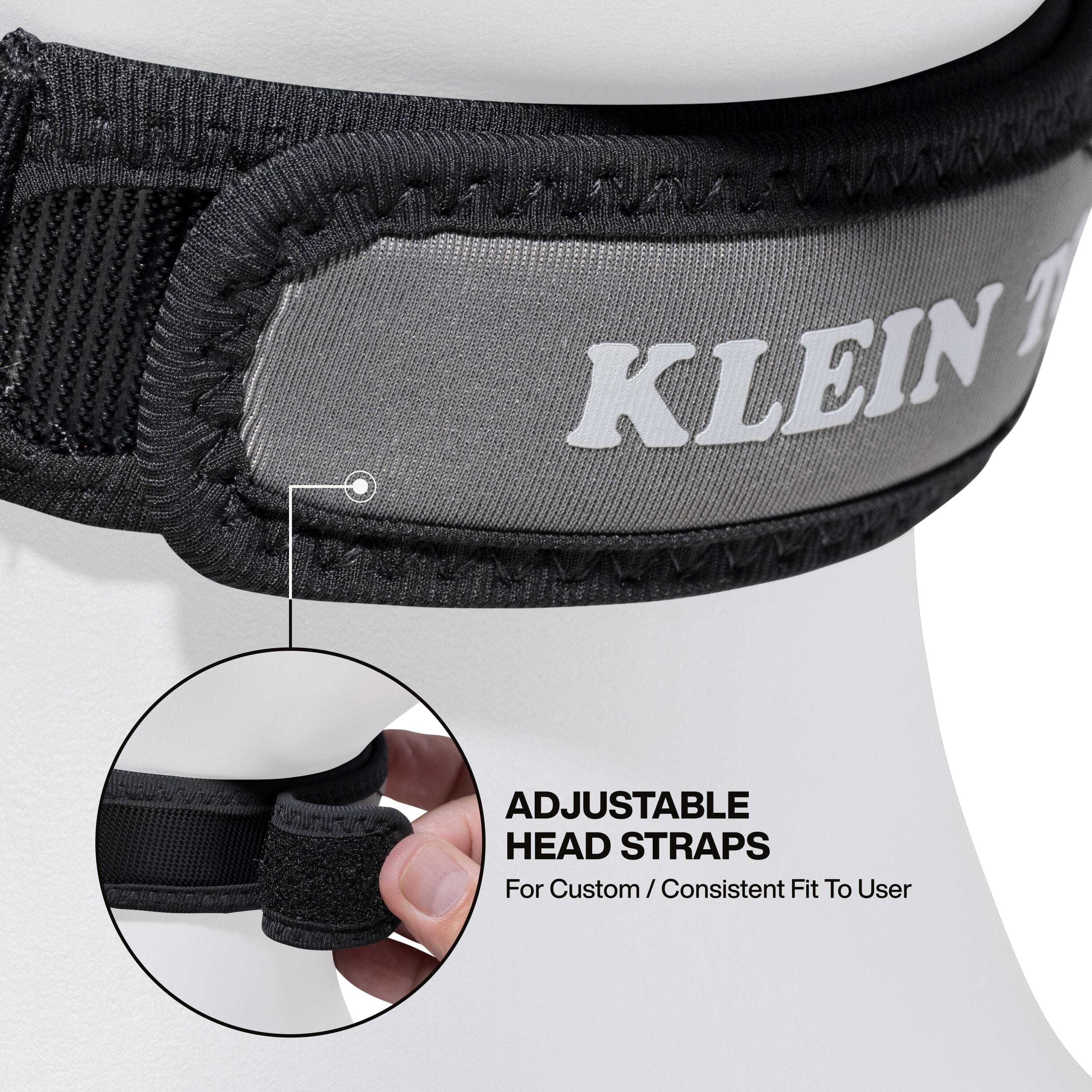 Close-up perspective of the adjustable head straps, featuring a hook-and-loop fastening system designed to provide a custom and consistent fit for various head sizes.