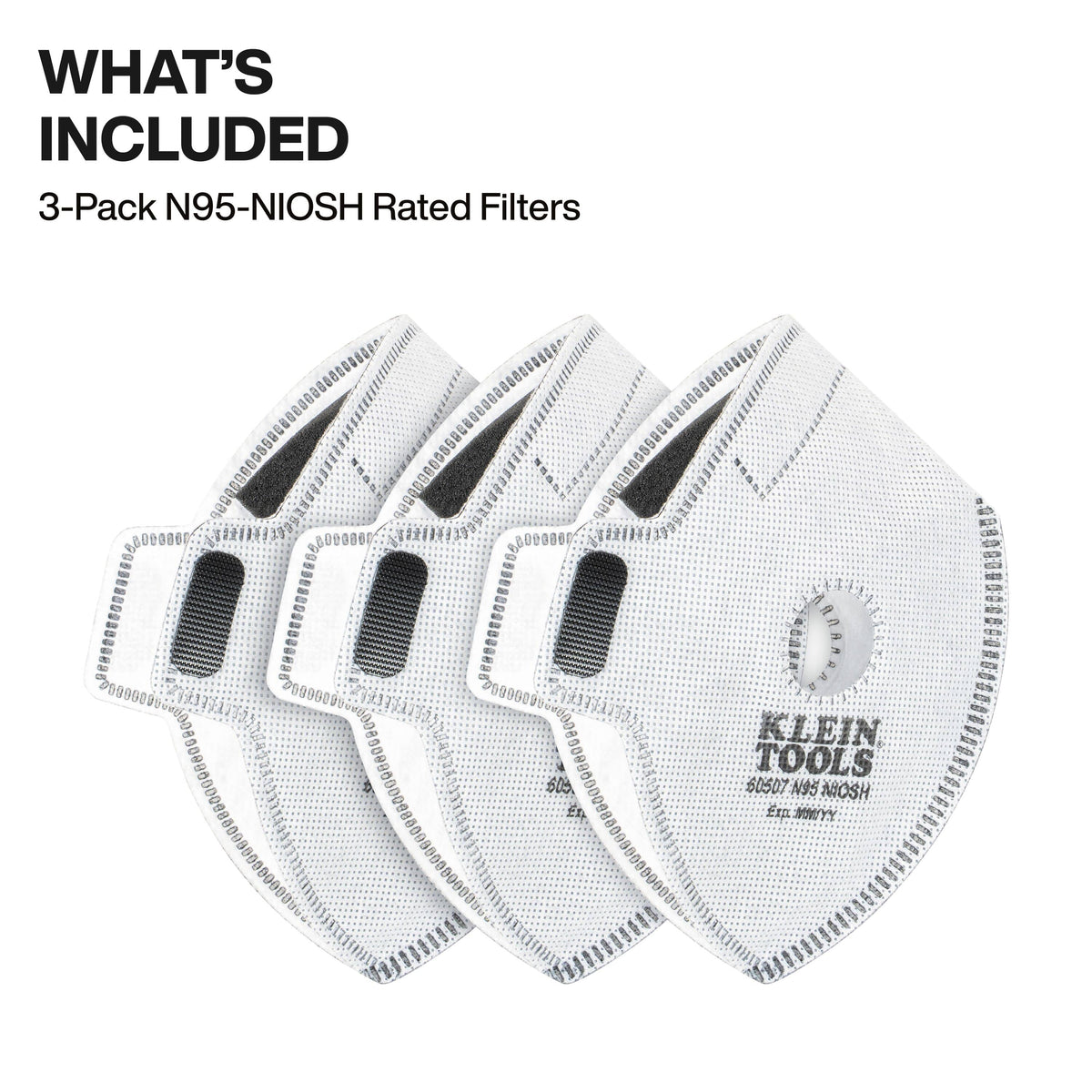 A product image showing a three-pack of NIOSH-rated N95 replacement filter refills for Klein Tools reusable masks, highlighting their official 60507 model number and certification details printed on the white filter material.