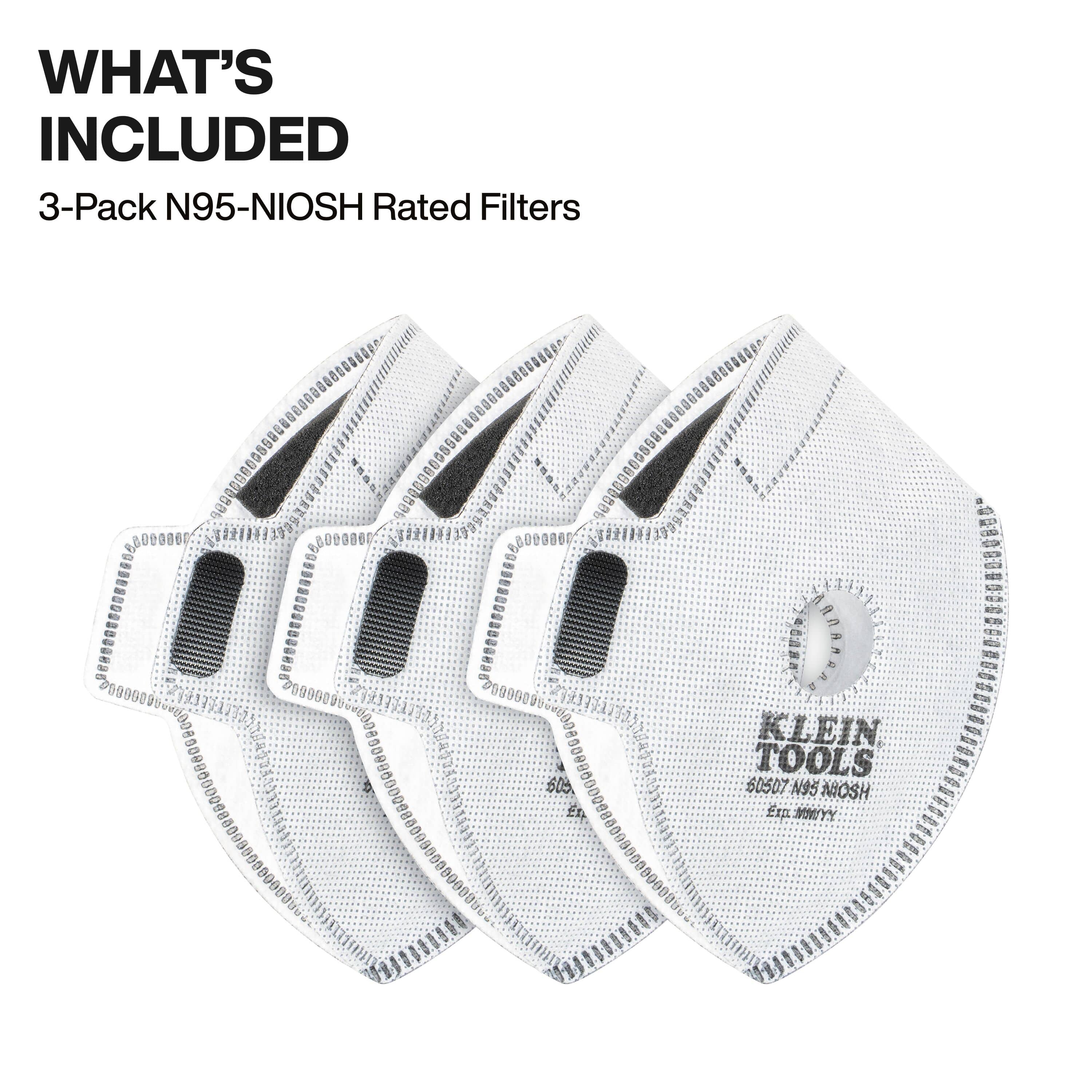A product image showing a three-pack of NIOSH-rated N95 replacement filter refills for Klein Tools reusable masks, highlighting their official 60507 model number and certification details printed on the white filter material.