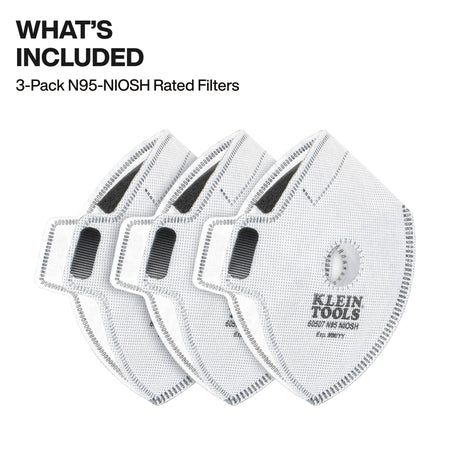 A product image showing a three-pack of NIOSH-rated N95 replacement filter refills for Klein Tools reusable masks, highlighting their official 60507 model number and certification details printed on the white filter material.