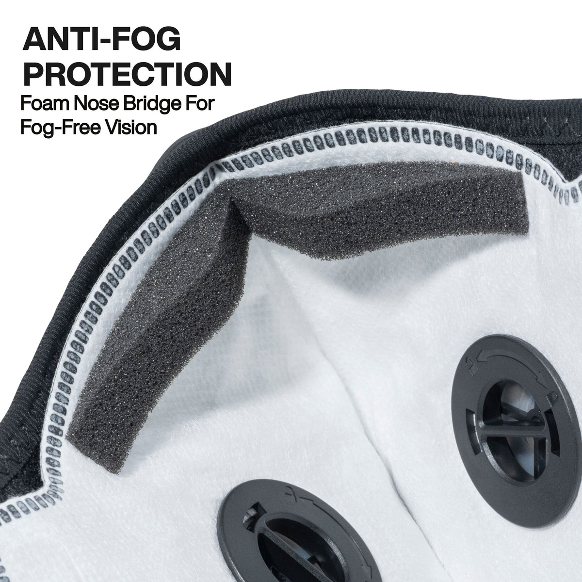 Close-up interior view of an N95 filter showing the integrated soft grey foam nose bridge strip designed to provide a secure seal and prevent safety glasses from fogging during work.