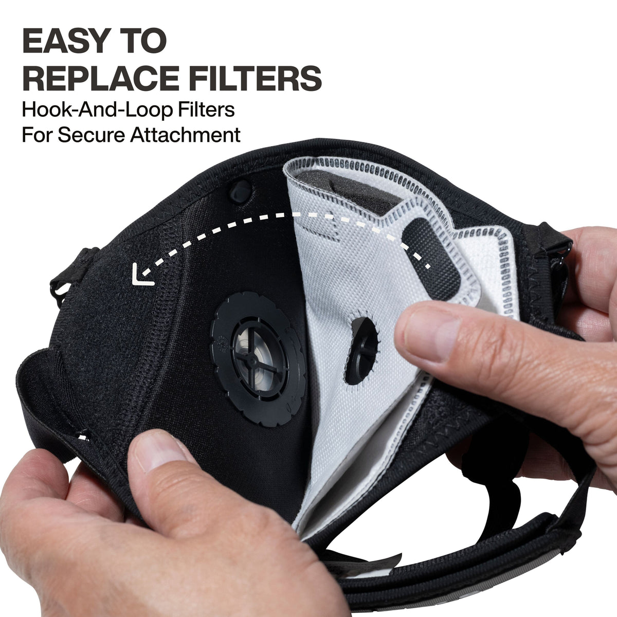 Demonstration of how to replace an N95 filter refill, showing the grey hook-and-loop patches on the filter attaching securely to the corresponding black reusable mask body, with a directional arrow indicating the installation process.
