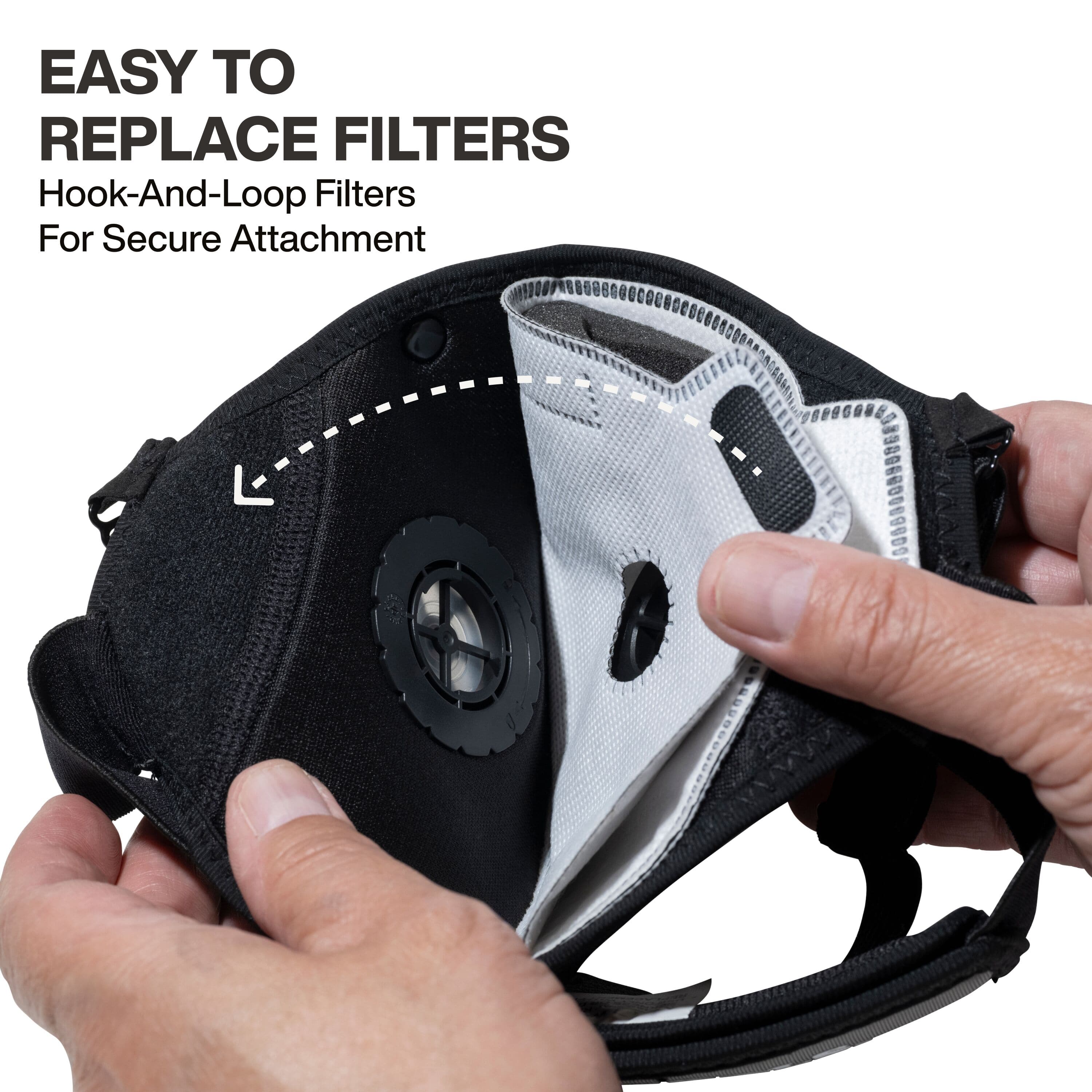 Demonstration of how to replace an N95 filter refill, showing the grey hook-and-loop patches on the filter attaching securely to the corresponding black reusable mask body, with a directional arrow indicating the installation process.