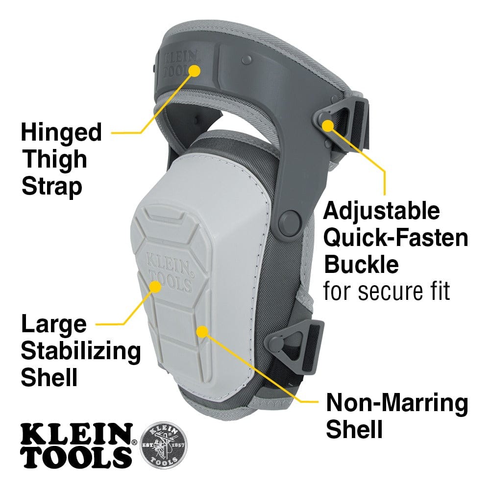 An informational product image of a single Klein Tools 60897 knee pad with labels highlighting key features: Hinged Thigh Strap, Adjustable Quick-Fasten Buckle for secure fit, Large Stabilizing Shell, and Non-Marring Shell.