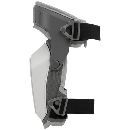 A side-view image of the stabilizer knee pad displaying the dual-strap system. The upper hinged thigh strap and lower leg strap are both visible, showing the adjustable black hook-and-loop straps and quick-fasten buckles.