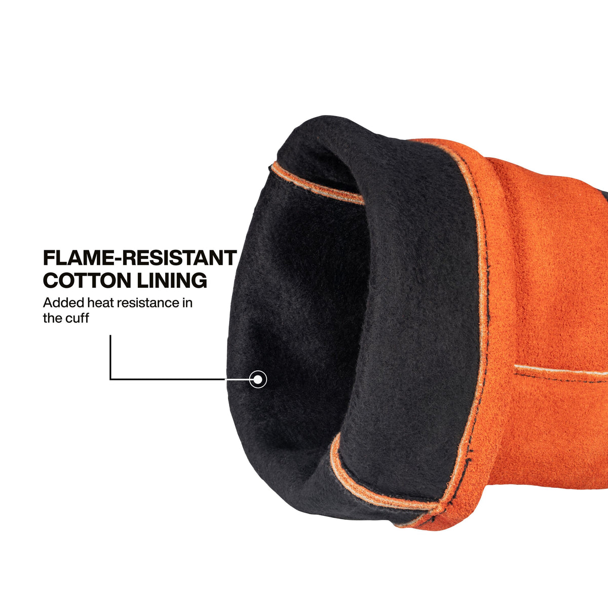 A close-up view of the interior cuff of the Klein Tools 60912 glove. The image showcases the black flame-resistant cotton lining, designed to provide added heat resistance and comfort for the welder's forearms during long sessions.