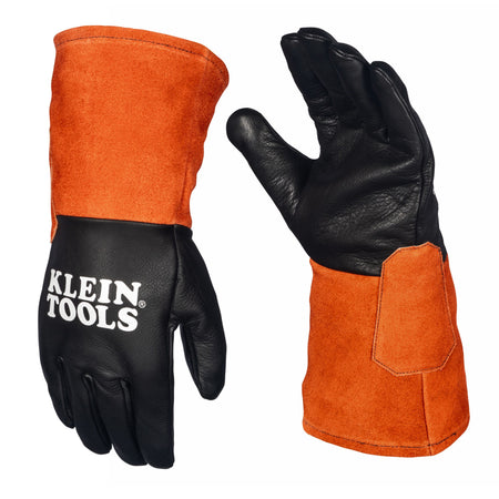 A studio product view of the Klein Tools 60913 TIG welding gloves. The image displays a pair of extra-large professional gloves with black full-grain cowhide leather on the hands for dexterity and long, bright orange split cowhide cuffs for superior spark and spatter protection.