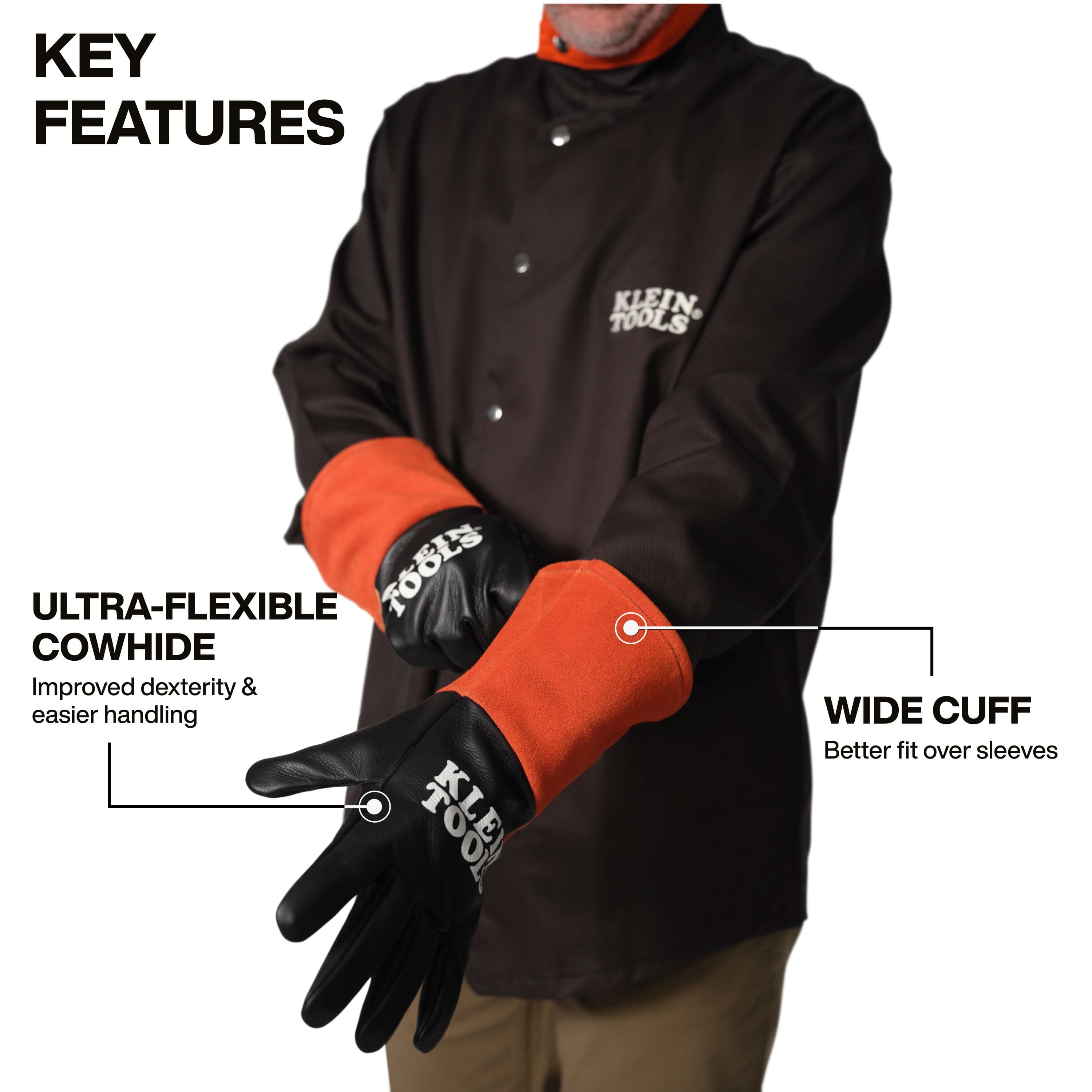 A marketing infographic featuring a professional welder wearing the Klein Tools XL TIG gloves. Text callouts highlight the ultra-flexible cowhide leather designed for improved dexterity and easier filler rod handling, along with the wide cuff design for a secure fit over welding jacket sleeves.