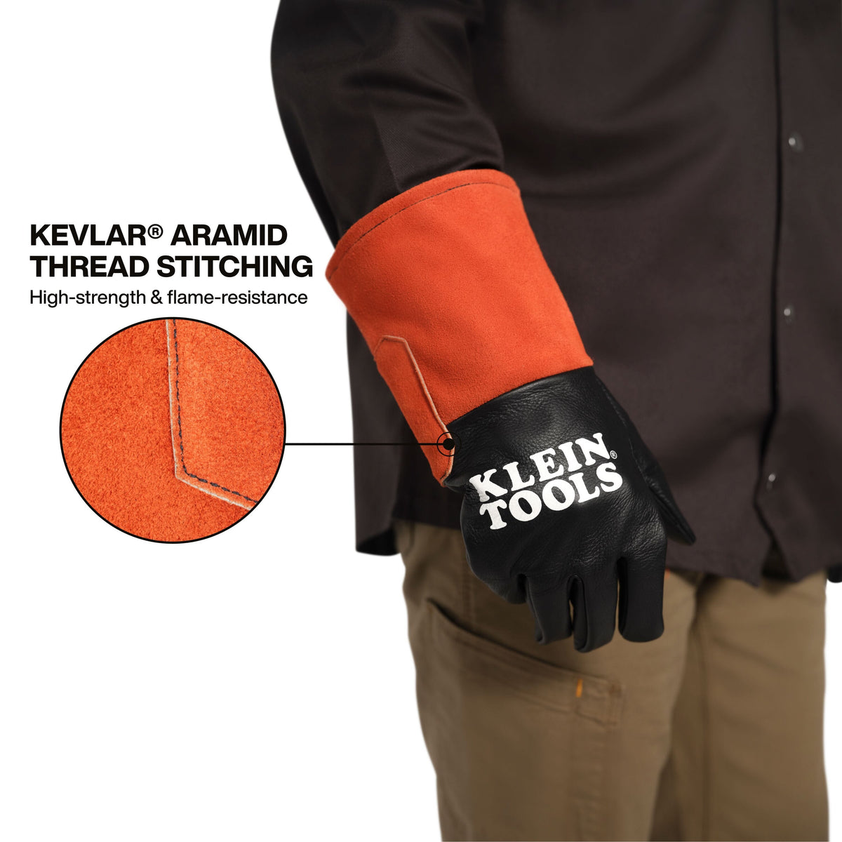 A detailed product graphic highlighting the Kevlar aramid thread stitching on the extra-large orange cuff. A zoomed-in view showcases the high-strength, flame-resistant seams built to withstand the extreme heat and tension of professional welding environments.