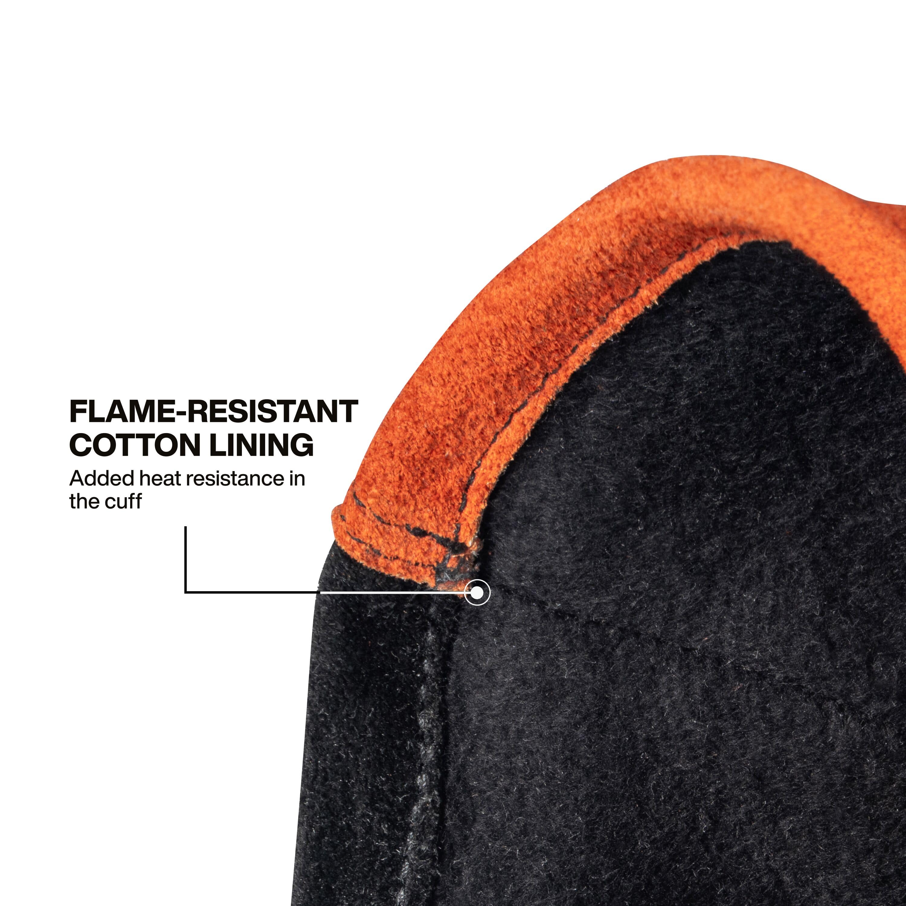 A close-up view of the interior cuff of the Klein Tools 60914 glove. The image highlights the flame-resistant cotton lining, designed to provide enhanced heat resistance and comfort for the welder's forearms during high-intensity welding sessions.